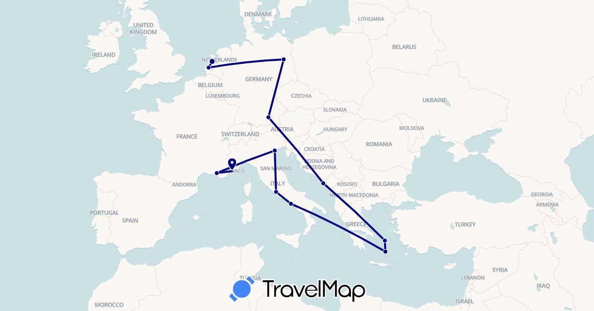 TravelMap itinerary: driving in Germany, France, Greece, Croatia, Italy, Netherlands (Europe)